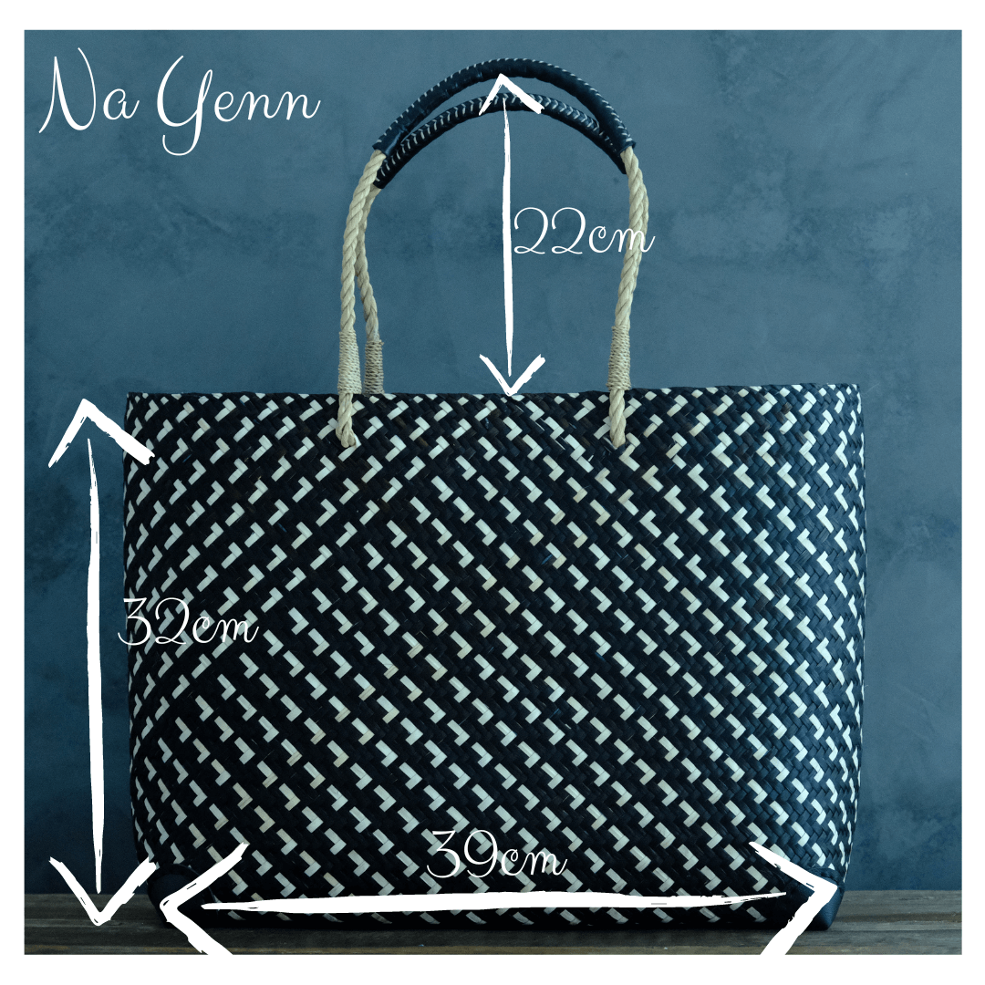 Na Yenn woven tote with dimensions: 53cm wide, 35cm tall, 20cm deep – black and white Krajood bag with organic dye finish