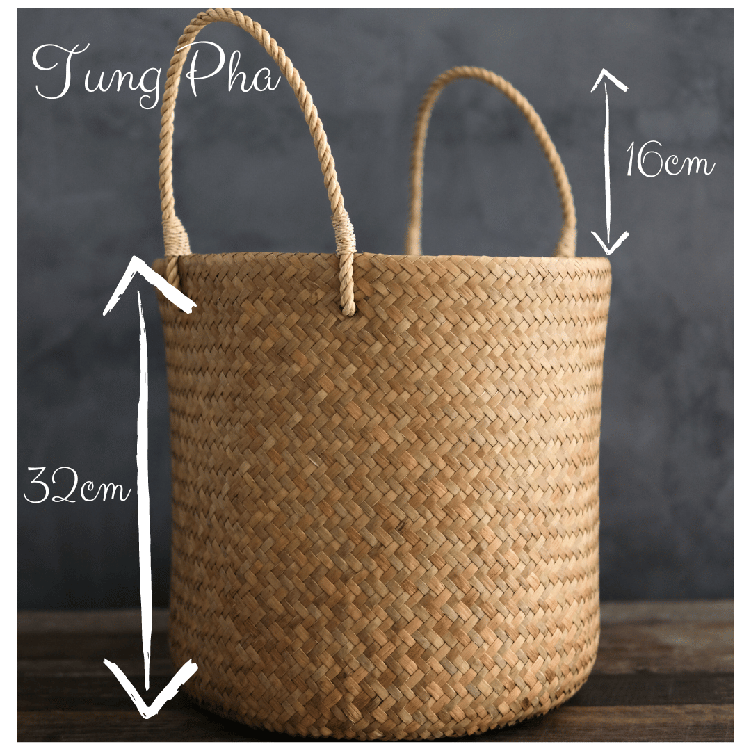 Studio image of the Tung Pha basket against a grey background, showing height dimension (30cm) and handle height (16cm) marked with white arrows.