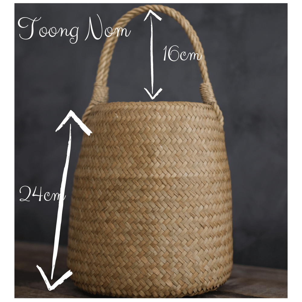 Toong Nom basket with size overlay: 24cm height, 16cm handle rise, captured front-on.
