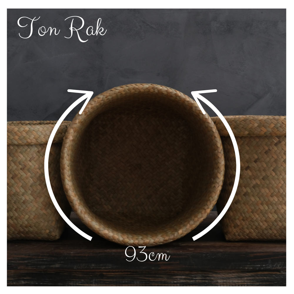 Top-down view of the large Ton Rak basket showing a 33cm internal diameter with arrows indicating width.