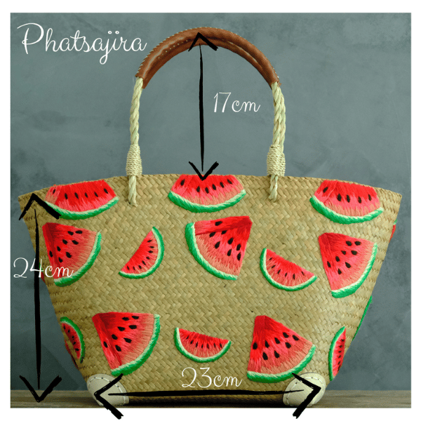Diagram showing front-facing dimensions of the Watermelon Bites tote, annotated with width (33cm), height (24cm), and handle drop (17cm).
