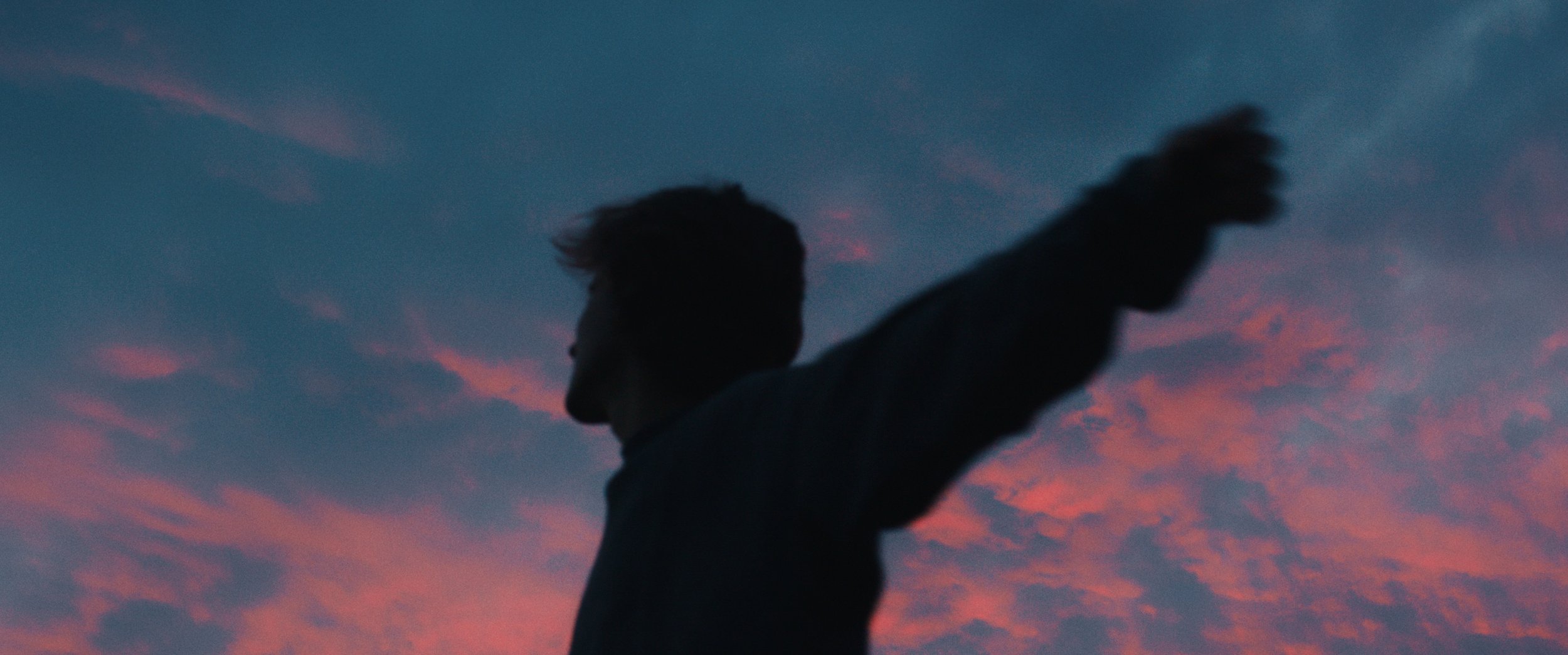 Silueta de una persona con los brazos extendidos contra un cielo al atardecer, con nubes rosadas y azuladas.