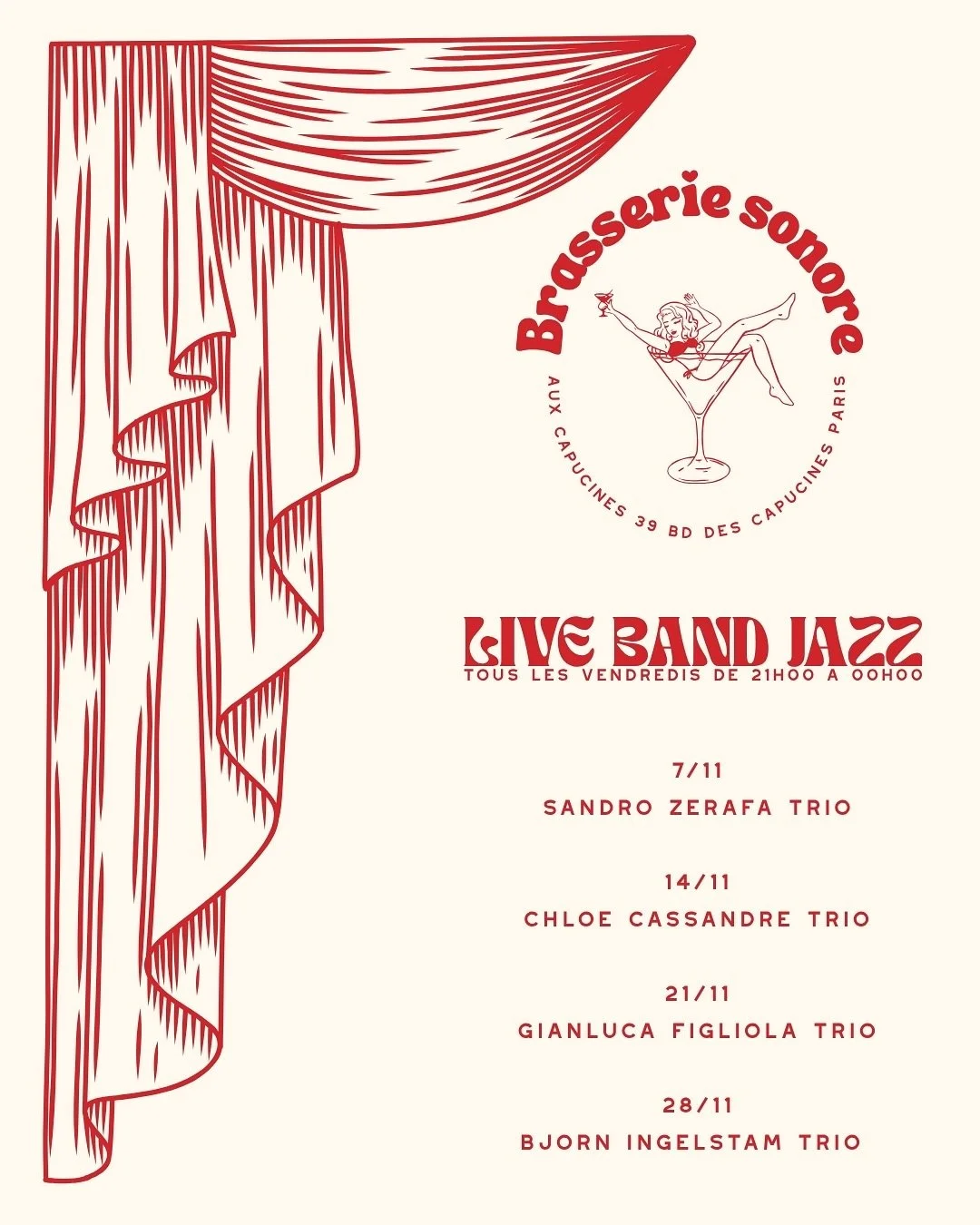 DANS L&rsquo;AGENDA DU MOIS DE NOVEMBRE : Brasserie sonore 🎺 
Une touche de Jazz les vendredis de 21h00 &agrave; minuit. Nous vous attendons nombreux ✨