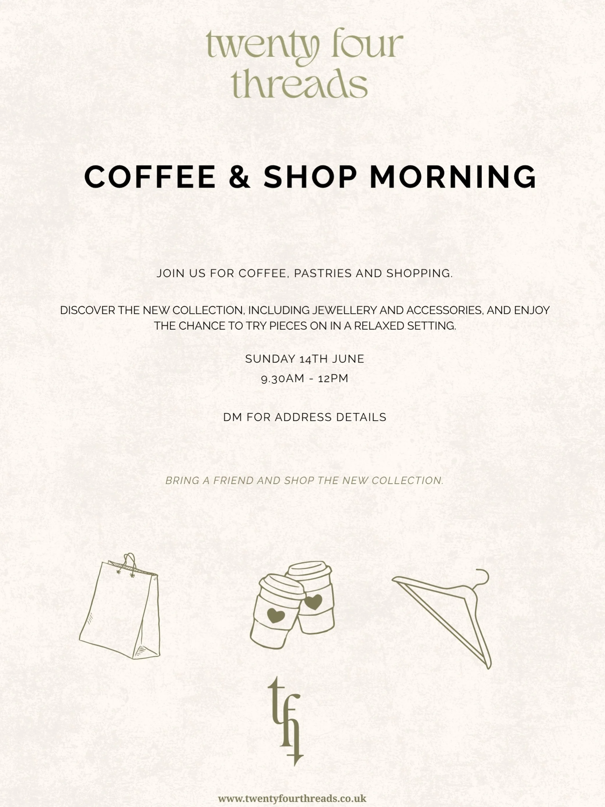 super excited to be hosting another IRL event this Sunday !! 💘 We&rsquo;ve got some gorgeous new summer pieces, accessories and your tft faves.
A perfect opportunity to try on and grab a coffee &amp; pastry as well as some exclusive discounts on our