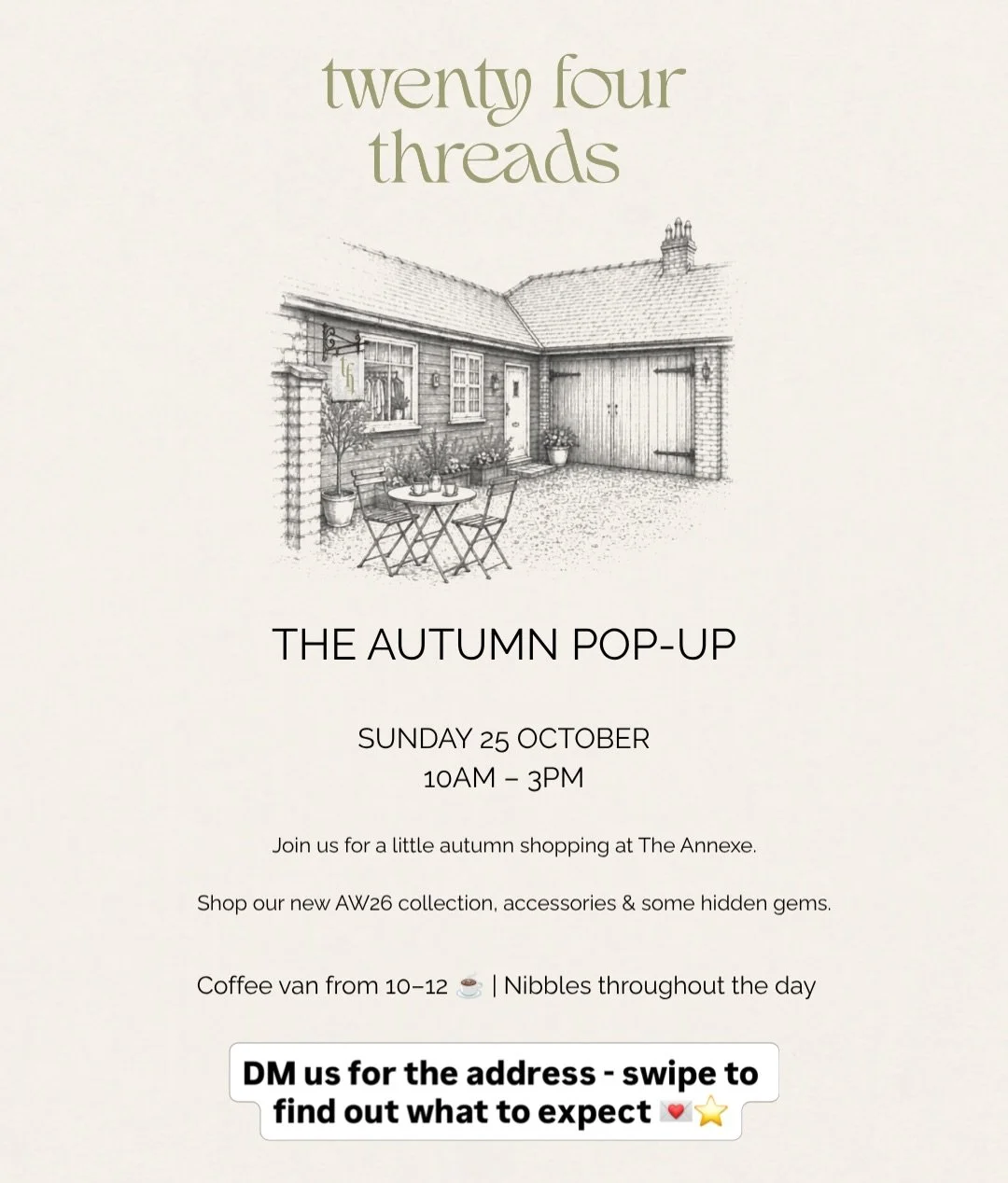 a little look at what to expect from our autumn pop-up this Sunday!! 🍂⭐

new AW pieces, hidden gems, coffee, cake &amp; lots of trying on!! 🛍️

Sunday 25th October | 10am&ndash;3pm

would LOVE to see you there!! DM me for the address 💘