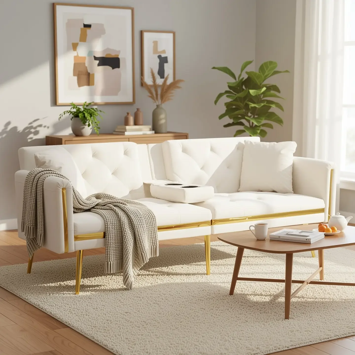 Beige Velvet Elegance Two-Seater Sofa Bed