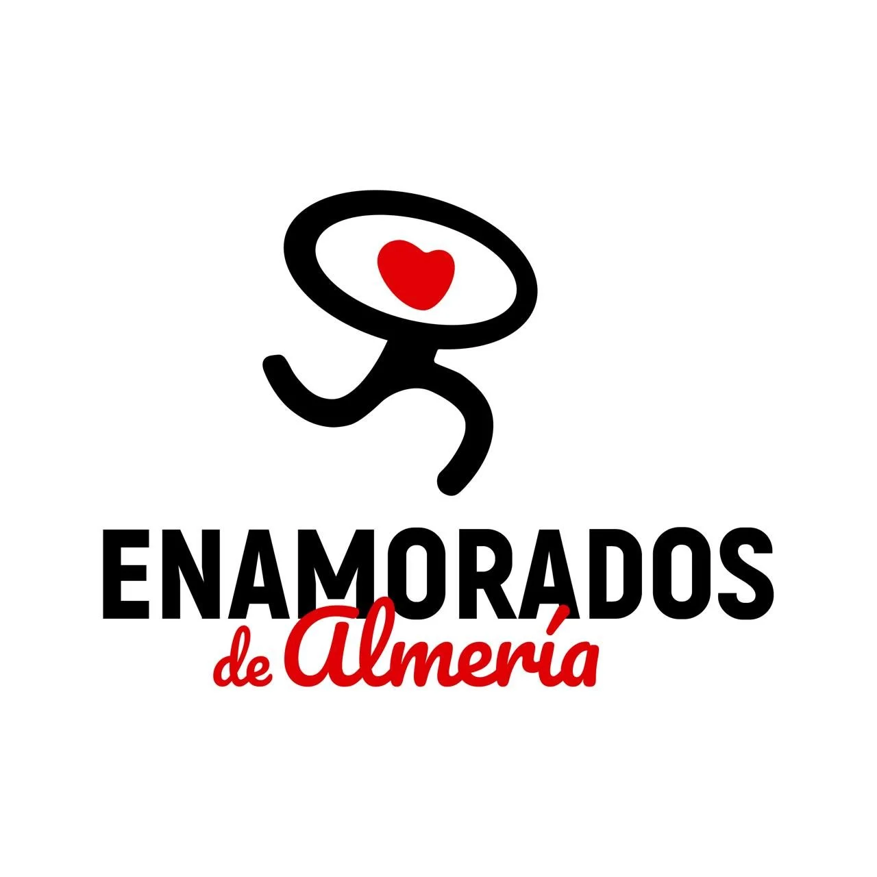 Logotipo con figura estilizada de una persona con un corazón rojo en el centro, acompañado del texto 'Enamorados de Almería' en letras negras y rojas.
