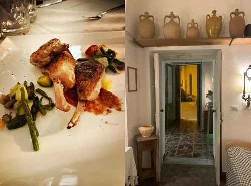 A plated dish with grilled chicken, green beans, and roasted peppers on a white plate, next to a doorway leading to a hallway with decorative vases on shelves above it.