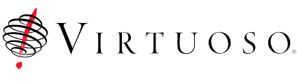 Logo with the text 'VIRTUOSO' and a spiral wine glass icon