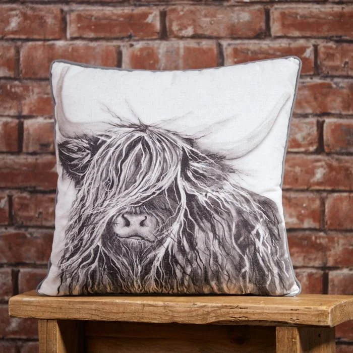 Highland Cow Cushion - Grayscale