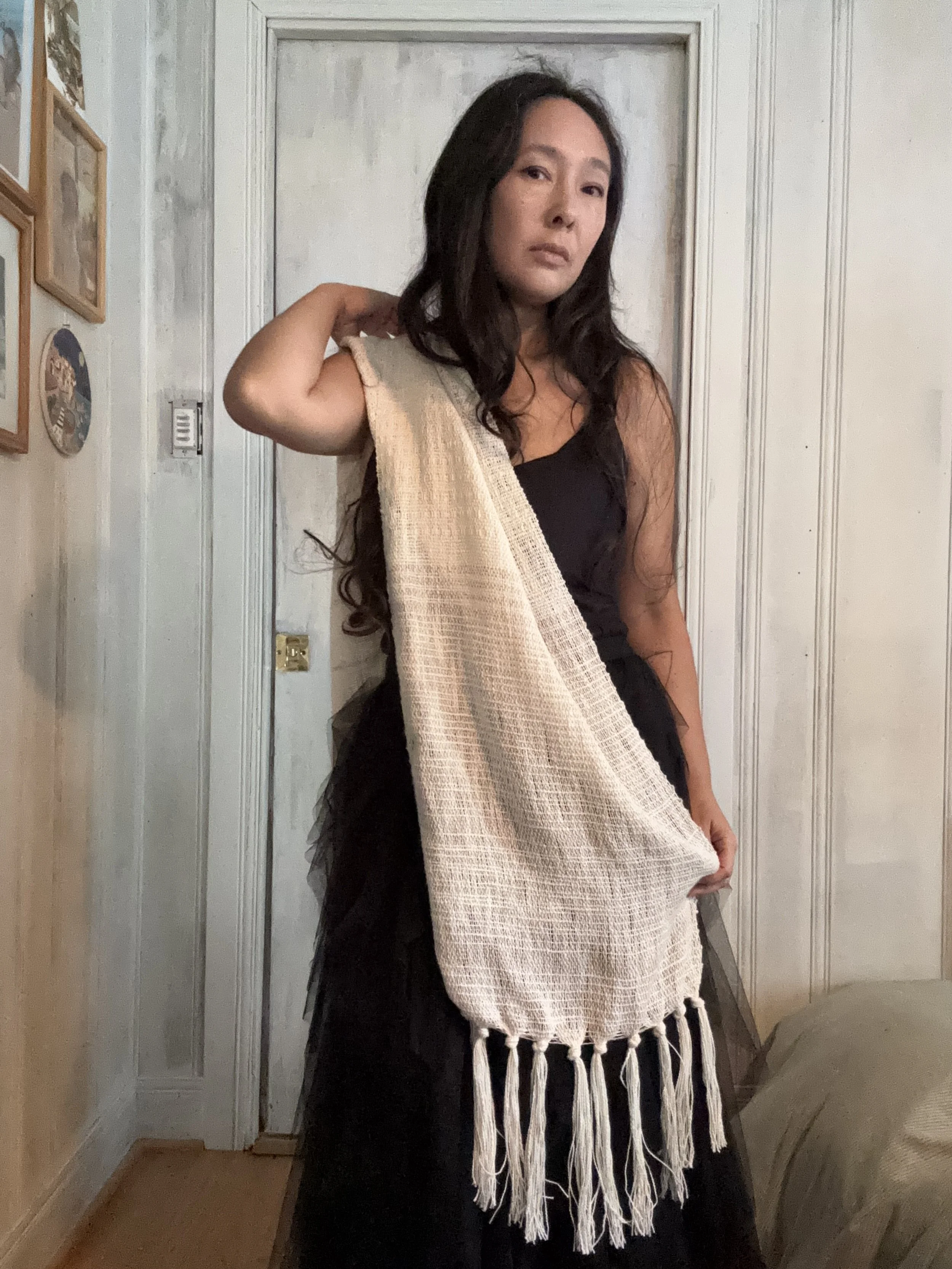 Hand-Woven Shawl.  Linen and cotton striped shawl.  One-of-a-kind.  2025