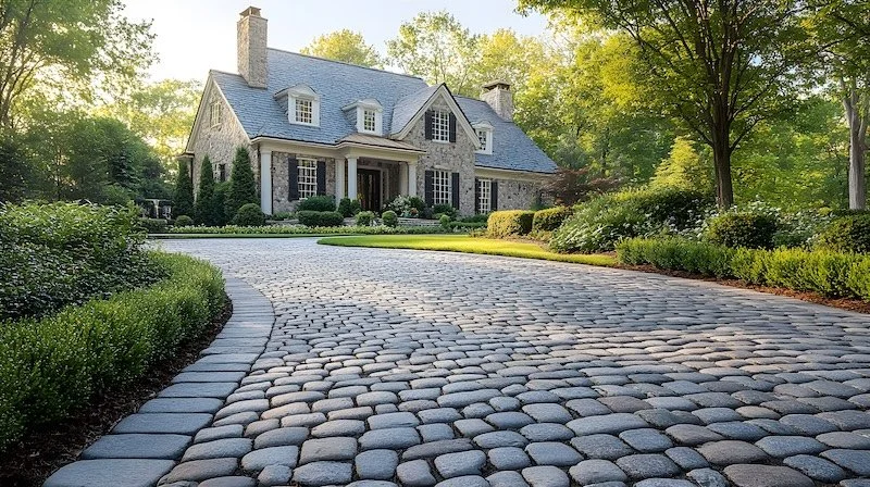 Cobblestone driveway border and apron in Groton, MA, adding a classic, sophisticated touch to a historic home