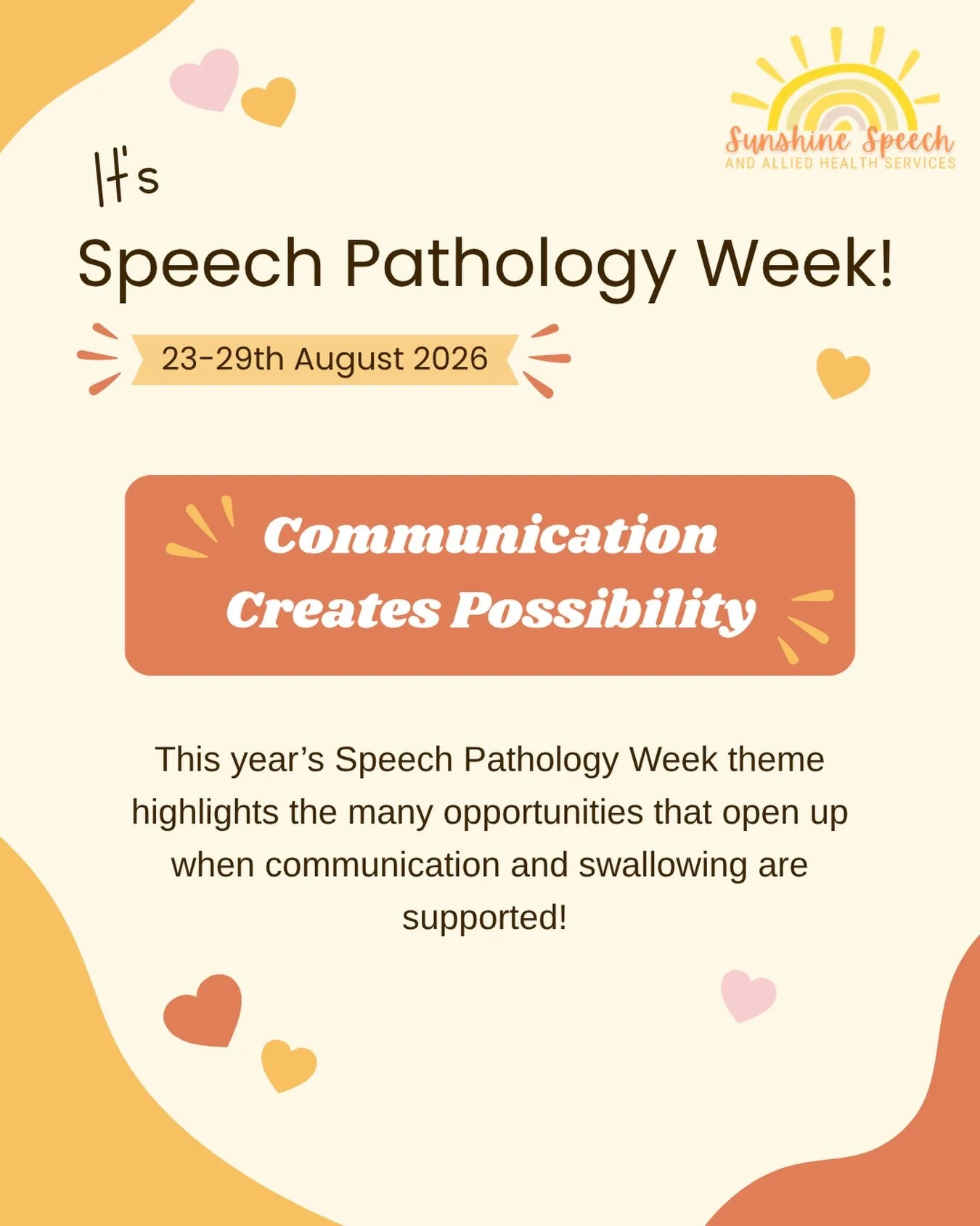 It&rsquo;s Speech Pathology Week! ☀️💬

This year&rsquo;s theme, Communication creates possibility, reminds us that when communication and swallowing needs are supported, more opportunities open up to connect, learn, make choices, participate, belong