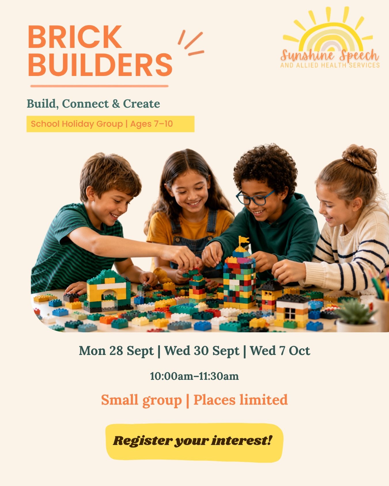 🧱✨ Calling all Brick Builders!

Join us these school holidays for a fun, hands-on group where kids aged 7&ndash;10 can build, connect &amp; create while supporting their language, communication and social skills ☀️

📅 28 Sept, 30 Sept &amp; 7 Oct
⏰