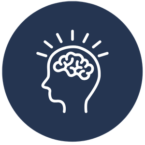 A white icon of a head with a brain in it on a dark blue circle.
