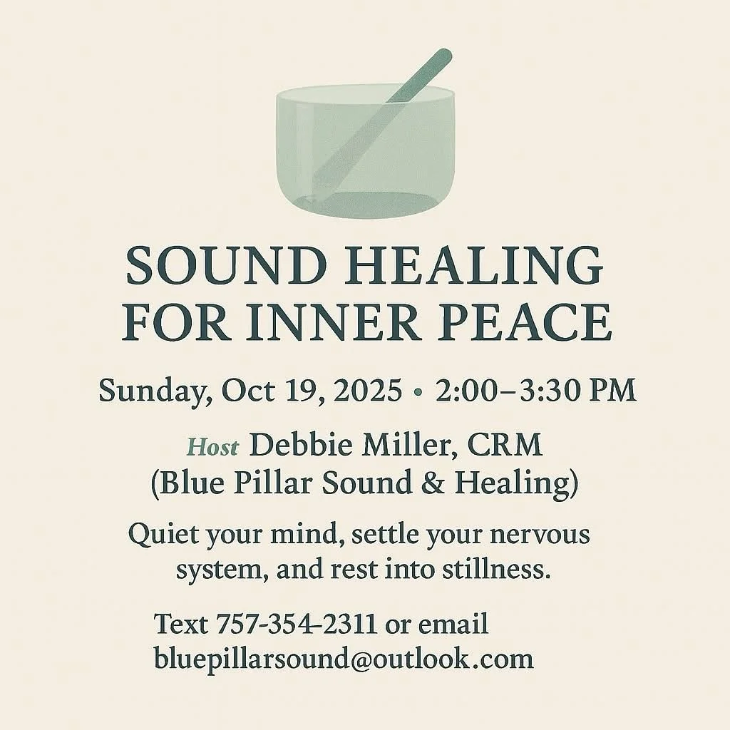 Sunday, October 19th at 2 pm.
Venue: Healing Arts Center, 4652 Haygood Rd. Suite A, VA Beach. Join Debbie Miller, CRM, Blue Pillar Sound &amp; Healing, for an afternoon of peace and community.

💜We&rsquo;ll start with a brief breath work session for
