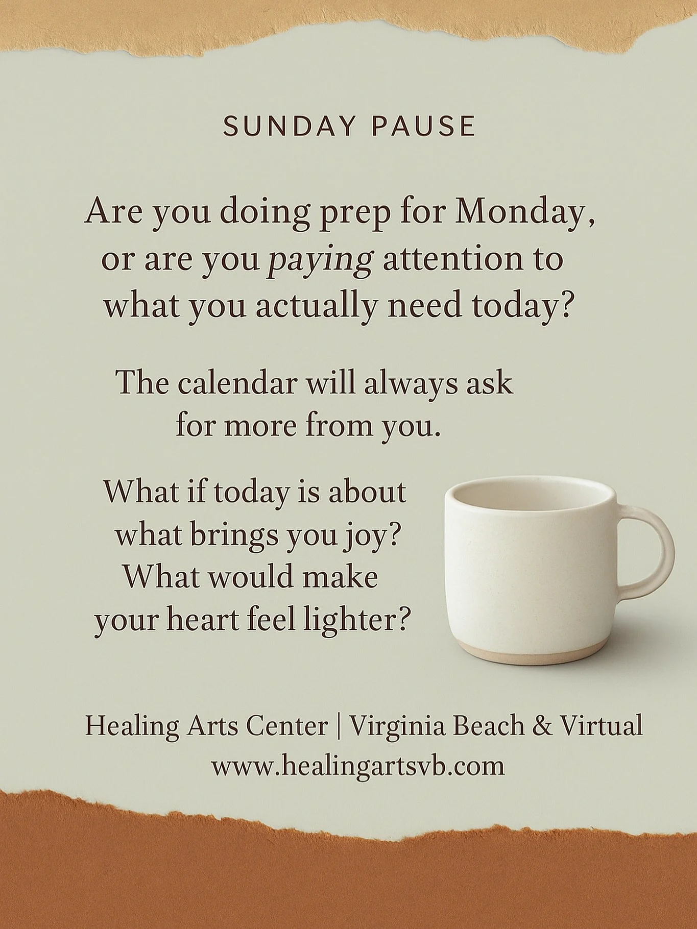 Sundays can be strange. Half rest, half pressure to get ahead.
What helps you slow down before the week starts?
We’d love to hear what grounds you. 
  #HealingArtsCenter #VirginiaBeach #SomaticCoaching #ReikiVB #MindfulSunday #BodyAwareness #