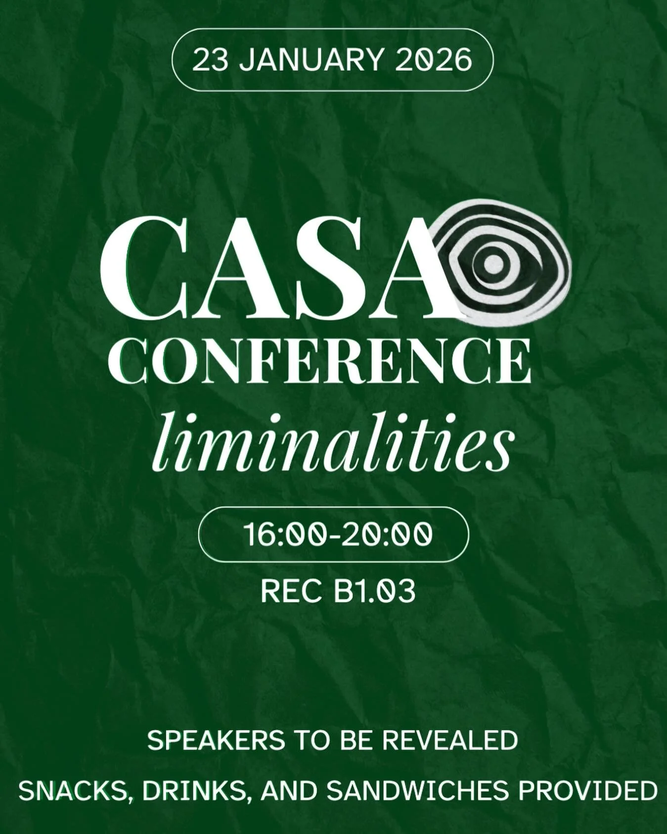 We now present the theme of the first of three CASA Conferences 📜 Drumroll please&hellip; Liminalities 🎤

🗓️ Friday, January 23 
⏱️16:00-20:00
📍REC B1.03
🎟️ Sign-up in bio [free]

Liminality is a concept formulated by Arnold van Gennep and later