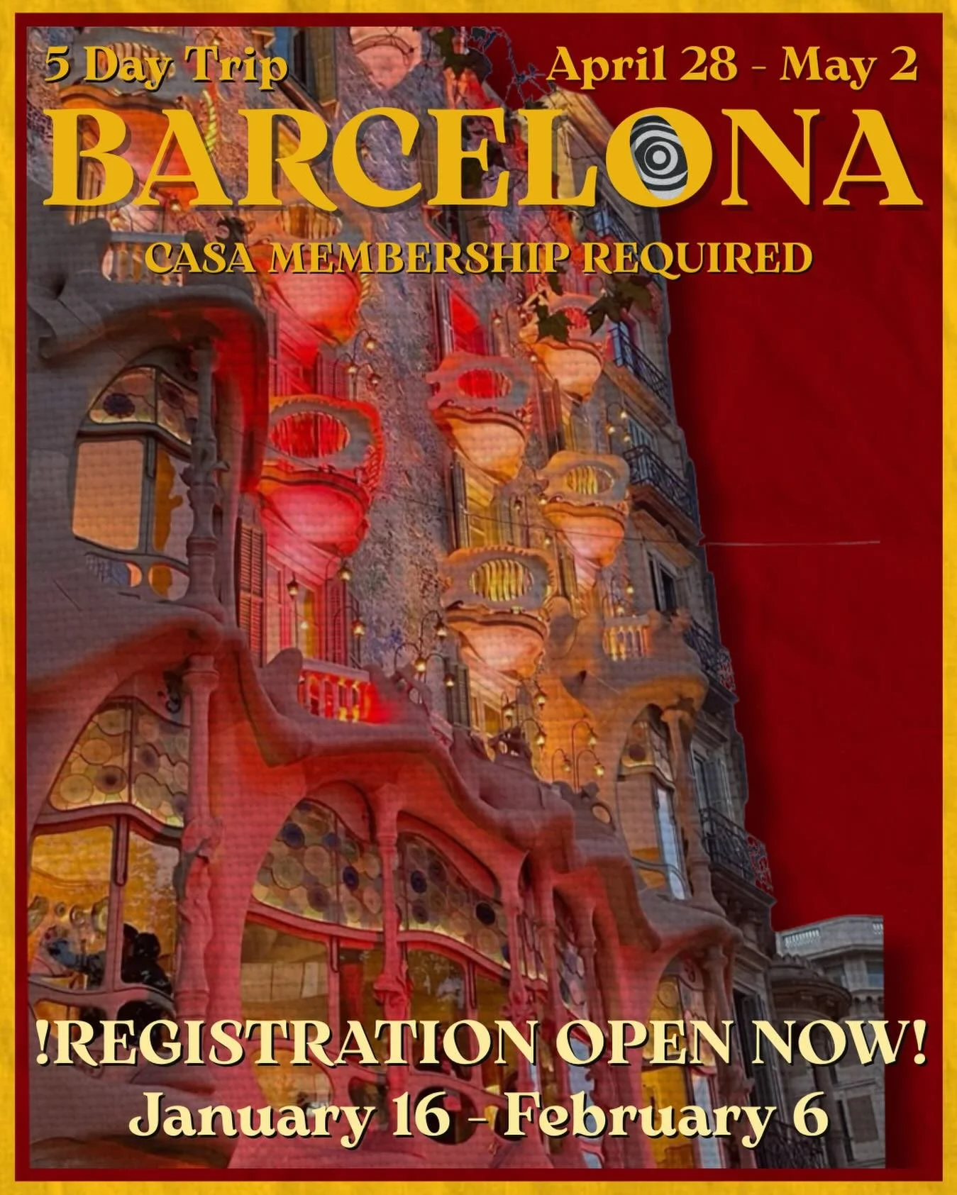Registration for the 5 Day Barcelona Trip is now open! 

🗓️Barcelona Trip: April 28 - May 2
🗓️ Registration: January 16 - February 6 [Register in Bio]
🎟️ Price: &euro;500

Price includes round-trip flight, accommodations, and entrance tickets for 