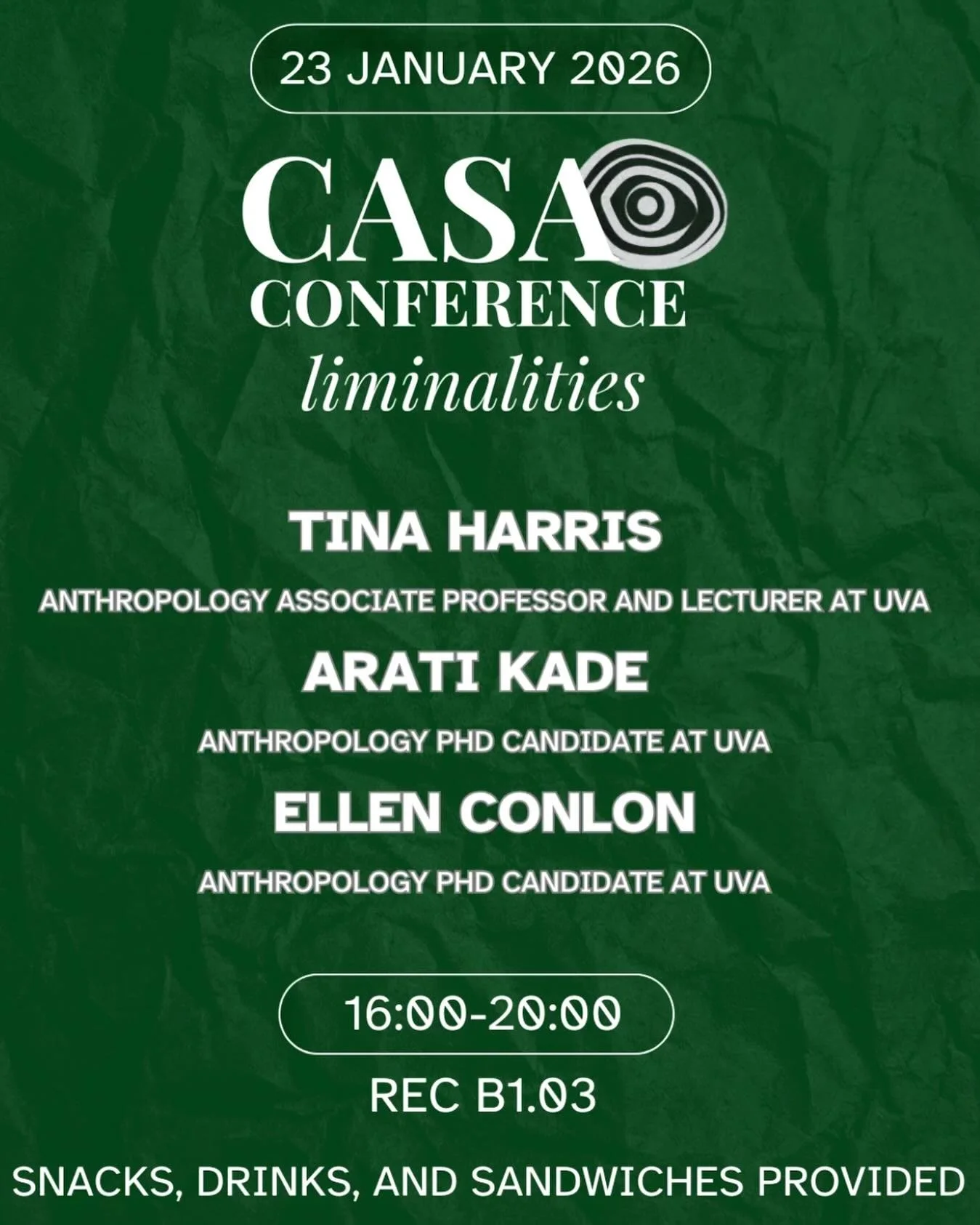 Here&rsquo;s some insights into our speakers for the CASA Conference: Liminalities 🌀

🗓️ Friday, January 23
⏱️ 16:00-20:00
📍B1.03
🎟️ Sign-Up in Bio [Free]

1. Tina Harris: Associate Professor and Lecturer in Anthropology at UvA.
2nd Years will re
