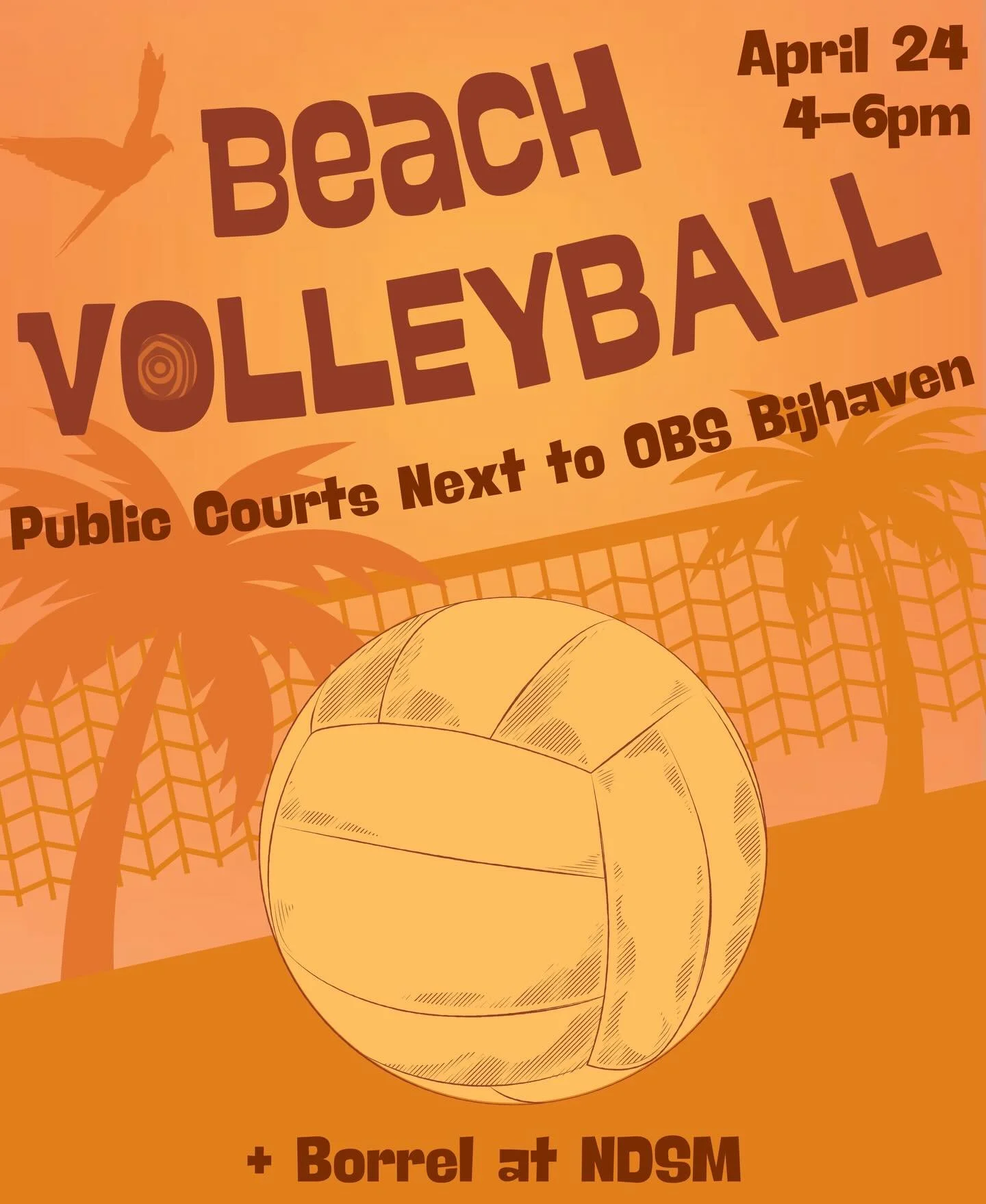 Here&rsquo;s the new date for beach volleyball! Get into the summer spirit and play beach volleyball with us! 🏐

🗓️Friday, April 24
⏰ 16:00-18:00
📍Public Courts next to OBS Bijhaven 

Oh we&rsquo;re long over due for sun, sand and beach volleyball