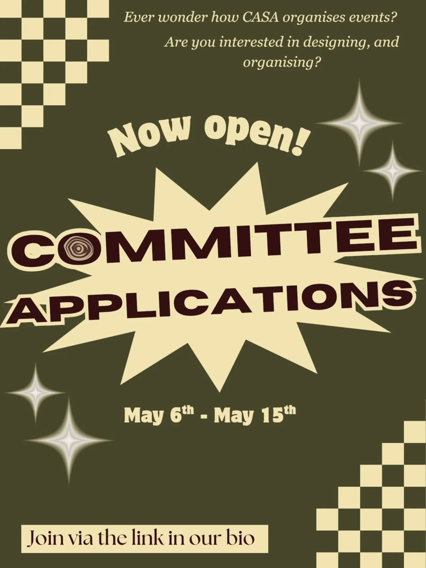 Committee applications are now open! 💌👁

CASA needs you! Events and trips don&rsquo;t organize themselves, posts and pictures need creative people behind them. Now is your chance to join committee&rsquo;s to help make CASA what it is for next year!