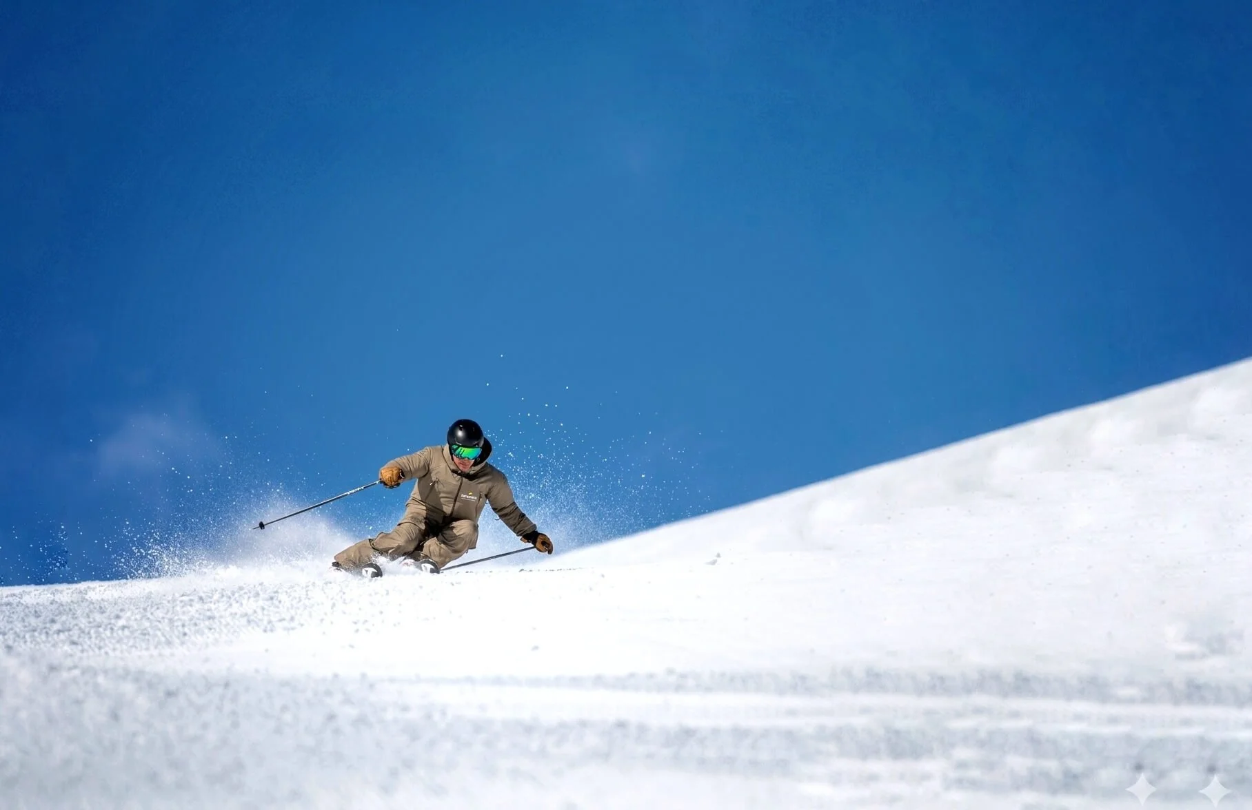 Image of Elevation ski instructor Simon McCombe skiing carved turn on white snow with blue sky in background