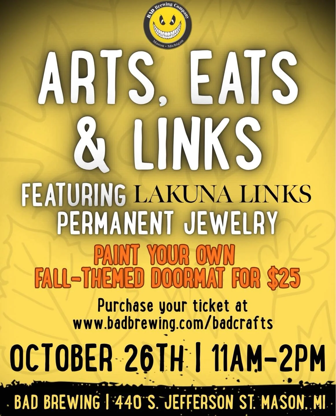 It&rsquo;s fall crafting season 🍂 🎃 Get the gals and pals together and join us next Sunday, October 26th from 11am-2pm for some art, eats, and Lakuna Links. For $25 you can paint your very own fall themed doormat, and Lakuna Links Permanent Jewelry
