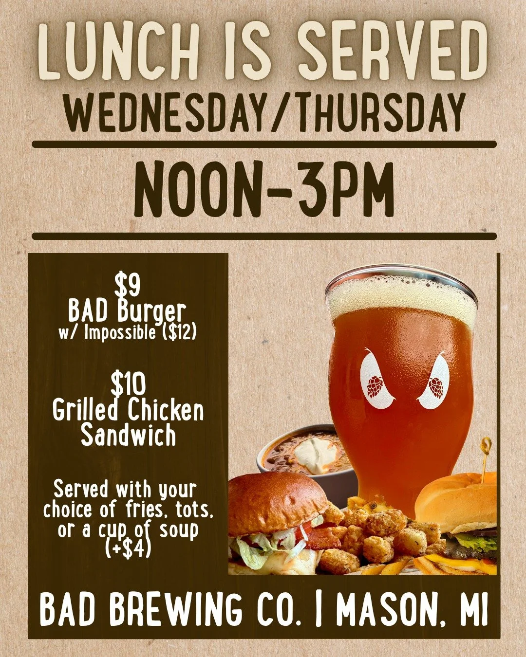 As if you needed more reasons to visit us, we have lunch specials every single Wednesday and Thursday from noon-3pm!  Starting tomorrow (November 6th), we will also have Chili on the menu to add as a side, or you can get a full bowl as a meal. 

Stop