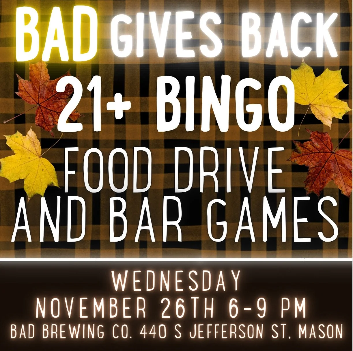 Join us for the biggest bar night of the year while we give back to the community and play skill-based bar games, along with BAD Bingo from 7-9pm. Reservations are encouraged 👉 www.BADBrewing.com/reservations (click on Bingo and Trivia)

𝗙𝗼𝗼𝗱 𝗗