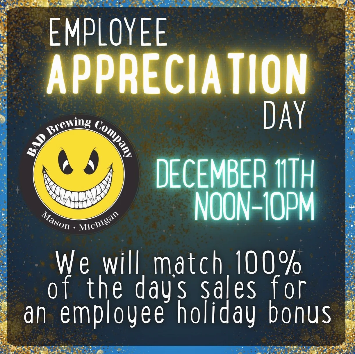 Come hang with us 𝗗𝗲𝗰𝗲𝗺𝗯𝗲𝗿 𝟭𝟭𝘁𝗵 between noon-10pm for 𝗘𝗺𝗽𝗹𝗼𝘆𝗲𝗲 𝗔𝗽𝗽𝗿𝗲𝗰𝗶𝗮𝘁𝗶𝗼𝗻 𝗗𝗮𝘆, a special day dedicated to celebrating the team that keeps BAD Brewing Co. running smoothly. On this day, we&rsquo;ll be giving back t