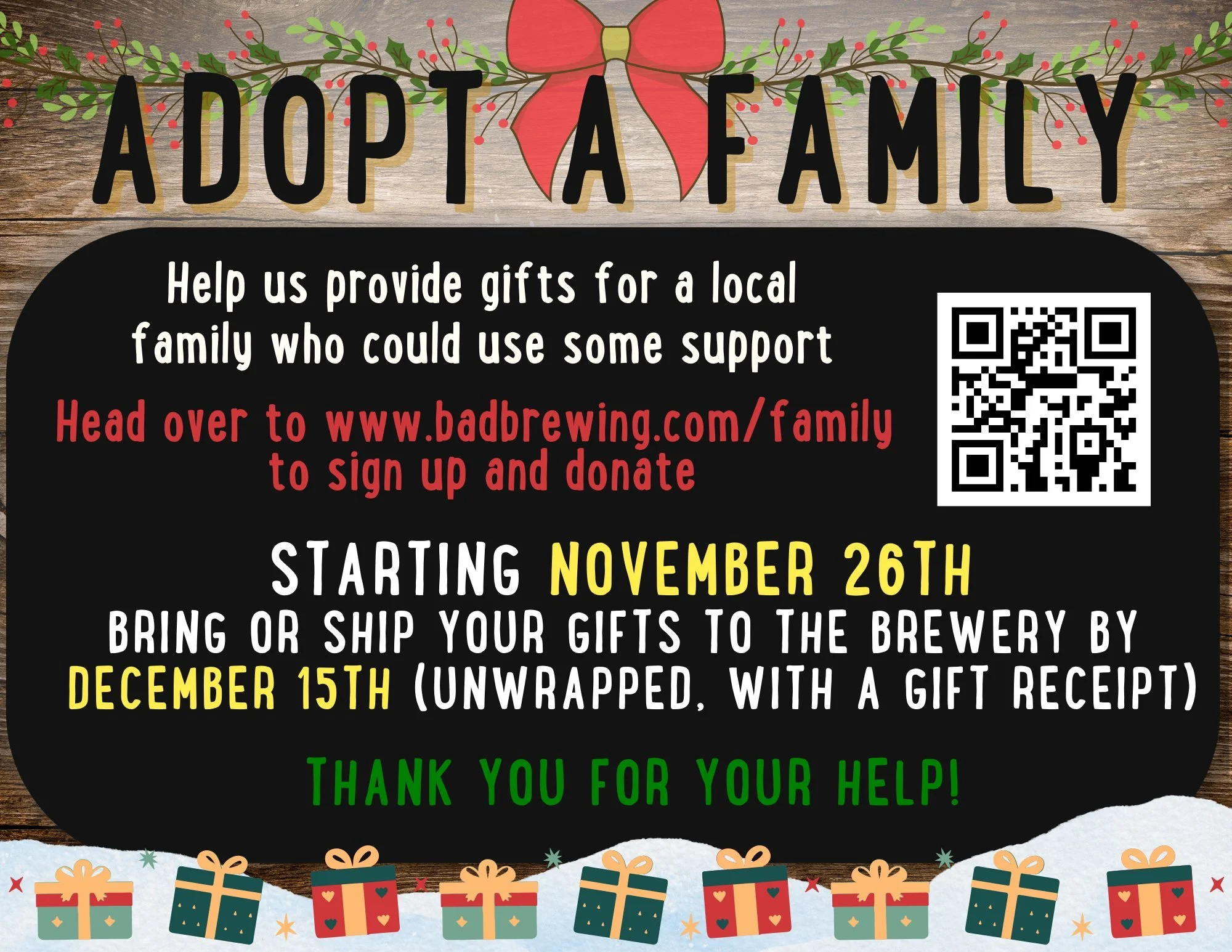 🎄✨𝑨𝒅𝒐𝒑𝒕 𝒂 𝒇𝒂𝒎𝒊𝒍𝒚 𝒊𝒔 𝒃𝒂𝒄𝒌 ✨🎄

Please help us enrich a local family's holiday by signing up to donate toys, clothes, shoes, and household items to help give this family a Christmas they'll remember. Head on over to www.badbrewing.co