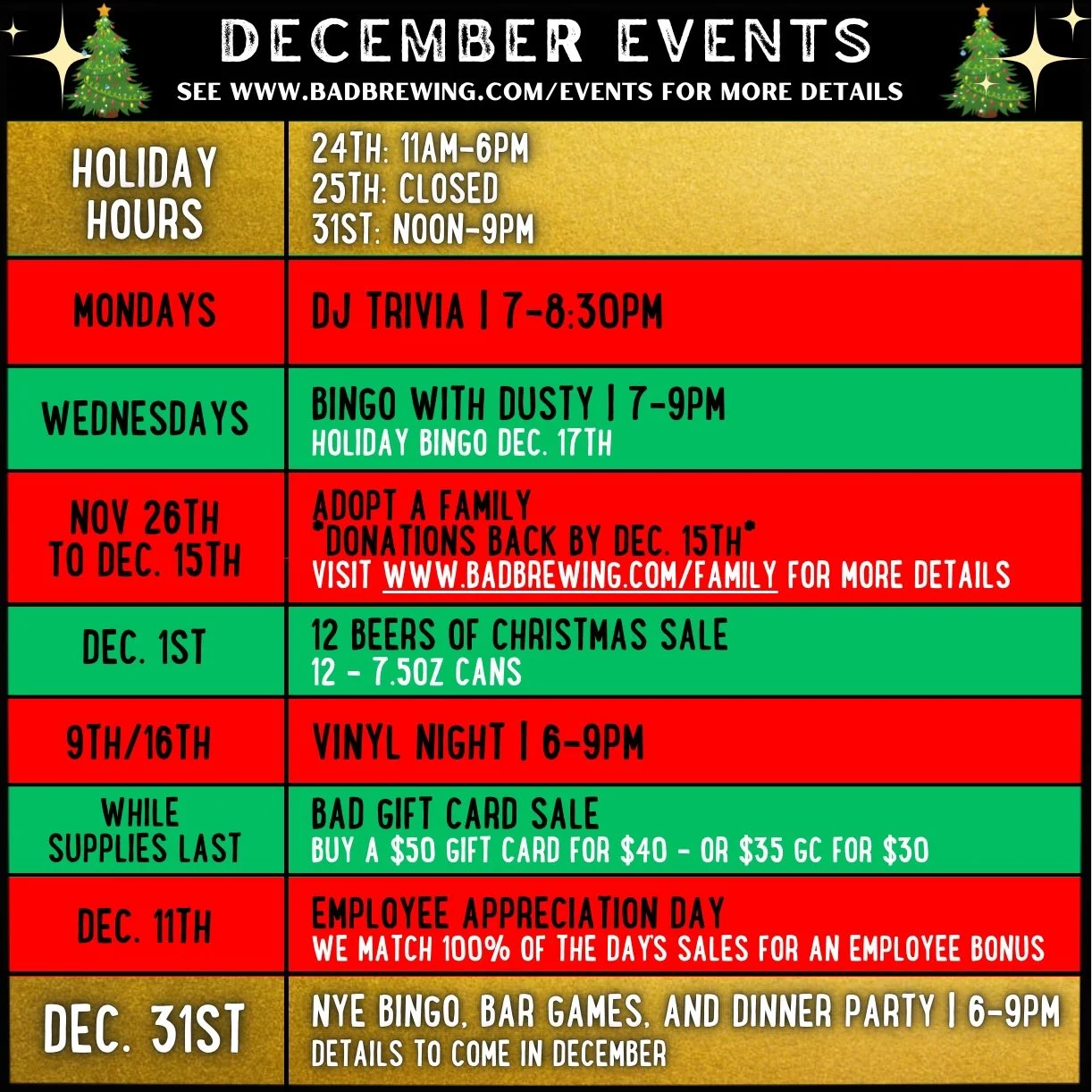 Celebrate the season with us! ❄️🎄December is filled with special events at BAD Brewing Company, come enjoy hearty comfort food, handcrafted drinks, and plenty of holiday cheer.

Check out all of our upcoming events at www.BADBrewing.com/events

Chee