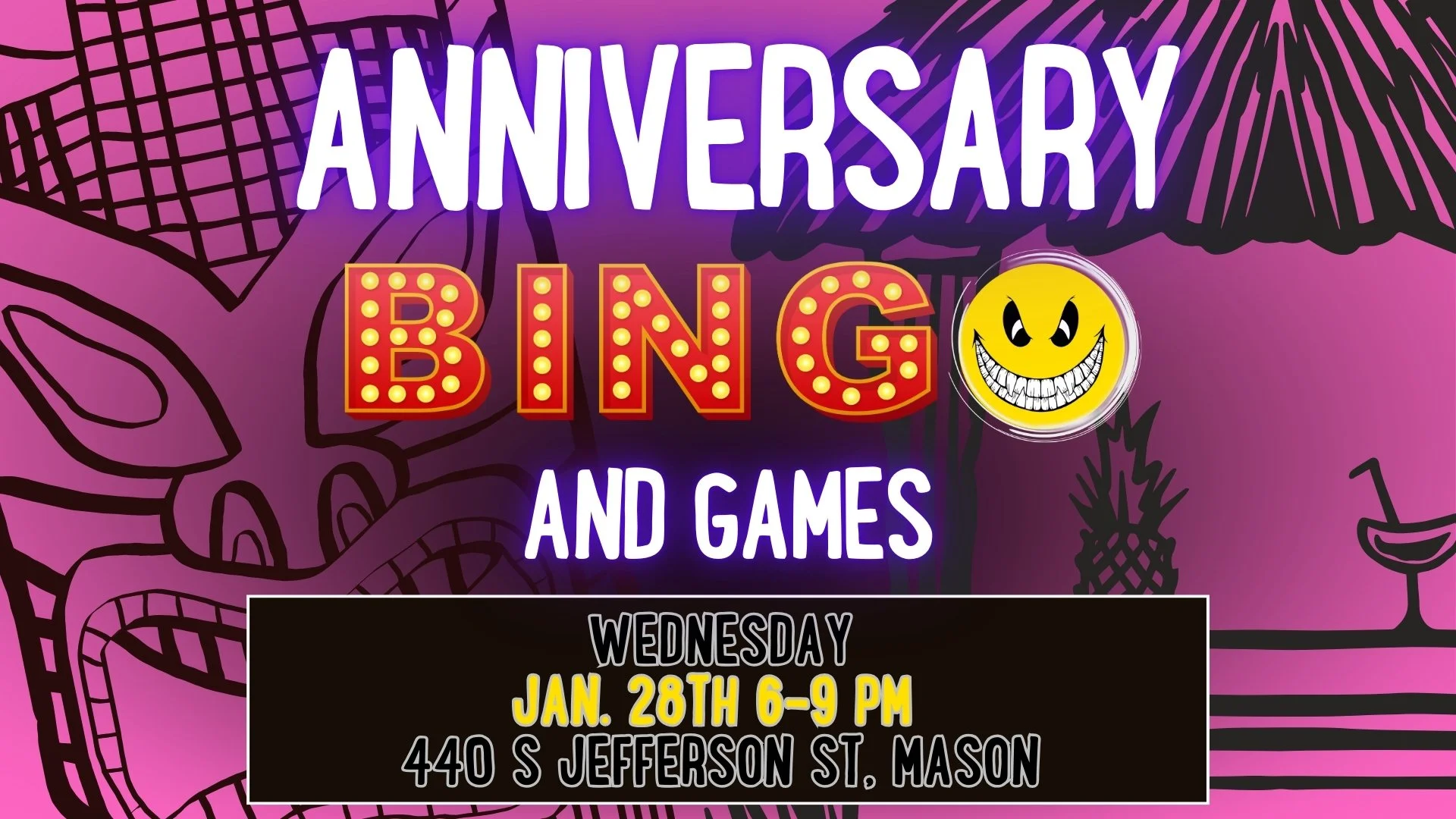 Can you believe it's already been 2 years of BINGO and games with Dusty already? Come on in and join the great community we've built in that time! We're all tired of winter already, so come dressed in your best Tiki vacation attire and we'll all ment
