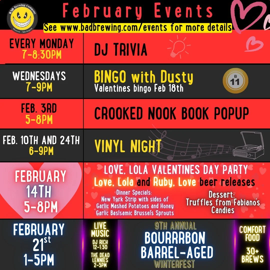 Love is in the air at BAD Brewing Company! Whether you love books, bourbon barrel-aged beer, or you and your sweetheart just want a nice dinner for Valentine's Day, we've got something for you 💞 

Check out all of our events by heading to www.BADBre