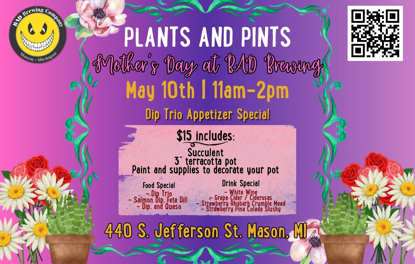 Join us on Mother&rsquo;s Day, May 10th from 11am-2pm to celebrate the moms in your life with plants and pints! Spend the afternoon painting your own planter, sipping cocktails and mocktails, and enjoying lunch. Once your momsterpiece is complete, pi