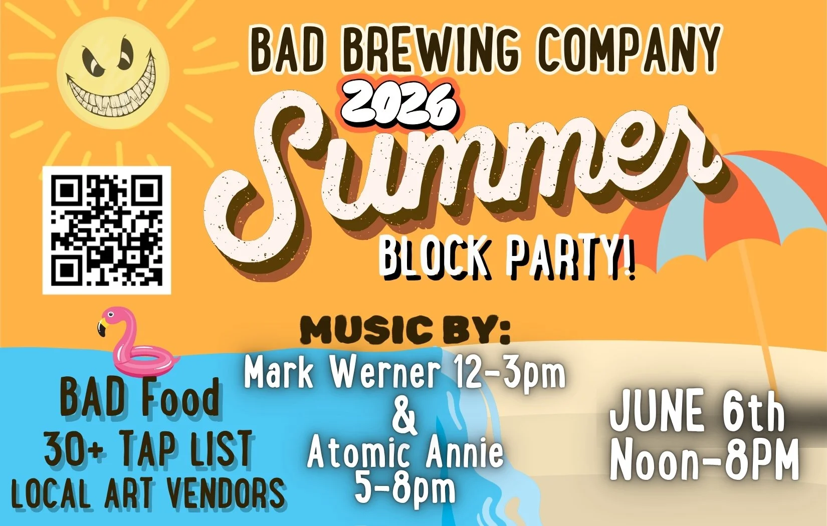 If you can believe it, our 11th Annual Summer Block party is only two months away!

Join us while we party in the street from noon-8pm with 30+ of our very own brews, BAD food, art vendors, and live music by Mark Warner and Atomic Annie. Get ready fo