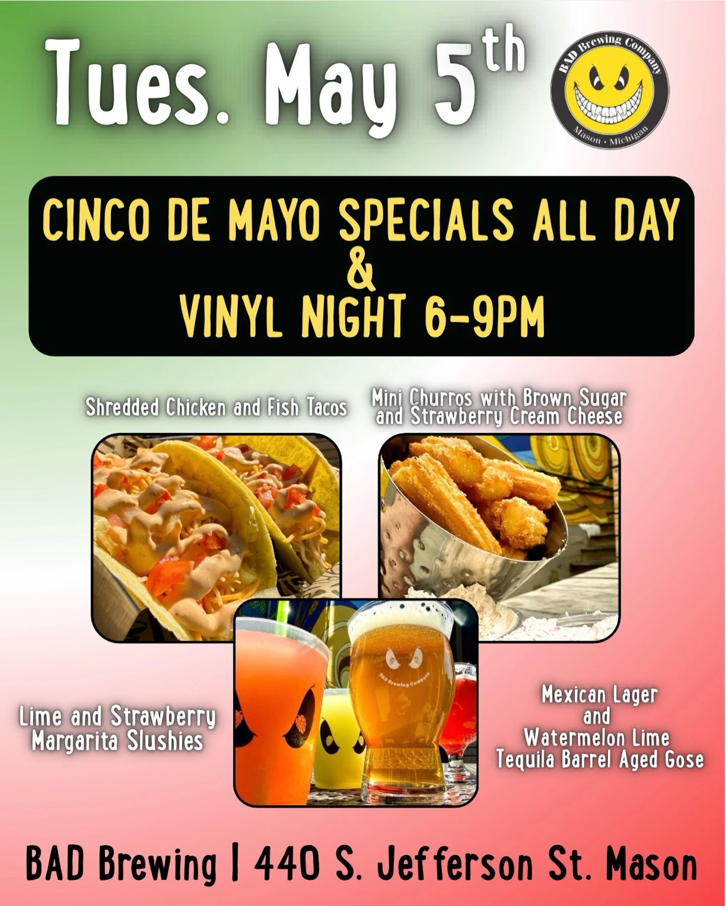 Tuesday, May 5th, we&rsquo;ll have our 𝗖𝗶𝗻𝗰𝗼 𝗗𝗲 𝗠𝗮𝘆𝗼 𝘀𝗽𝗲𝗰𝗶𝗮𝗹𝘀 back and it&rsquo;s 𝗩𝗶𝗻𝘆𝗹 𝗡𝗶𝗴𝗵𝘁! Come grab some brews, tacos, and churros, and have DJ Rich spin your vinyl records from 6-9pm.

Head to our link-tree (in bio)
