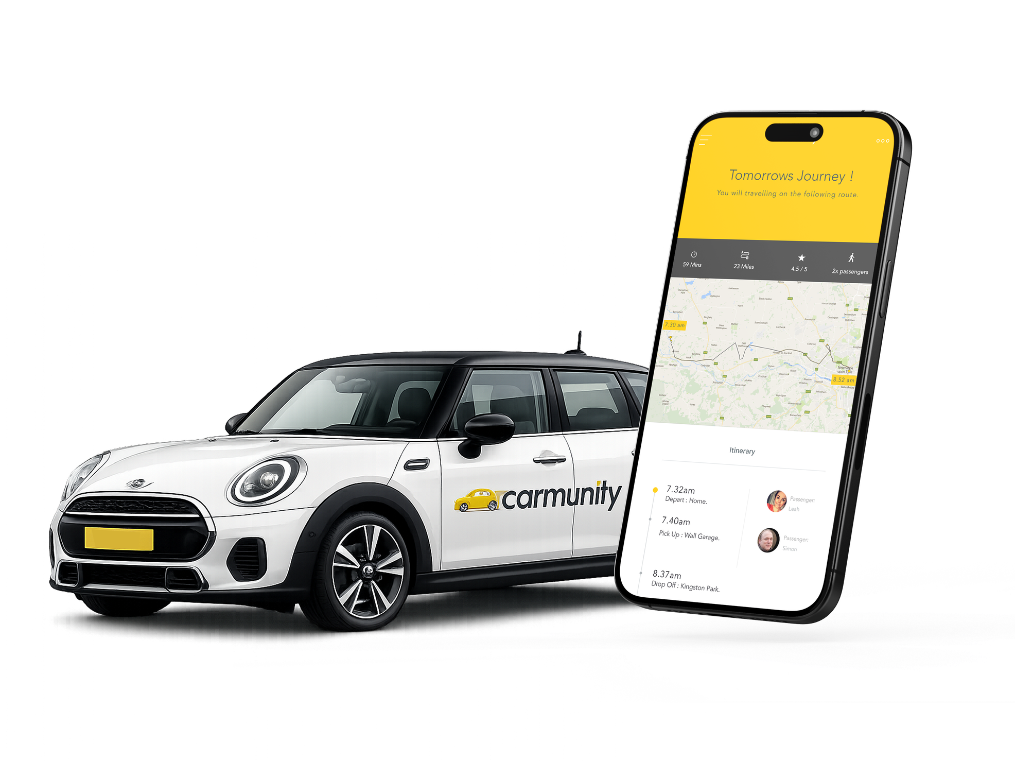 A white Mini Cooper with a 'carmunity' logo on the side, parked next to a large smartphone displaying a car-sharing app with trip details and a map interface, set against a black background.