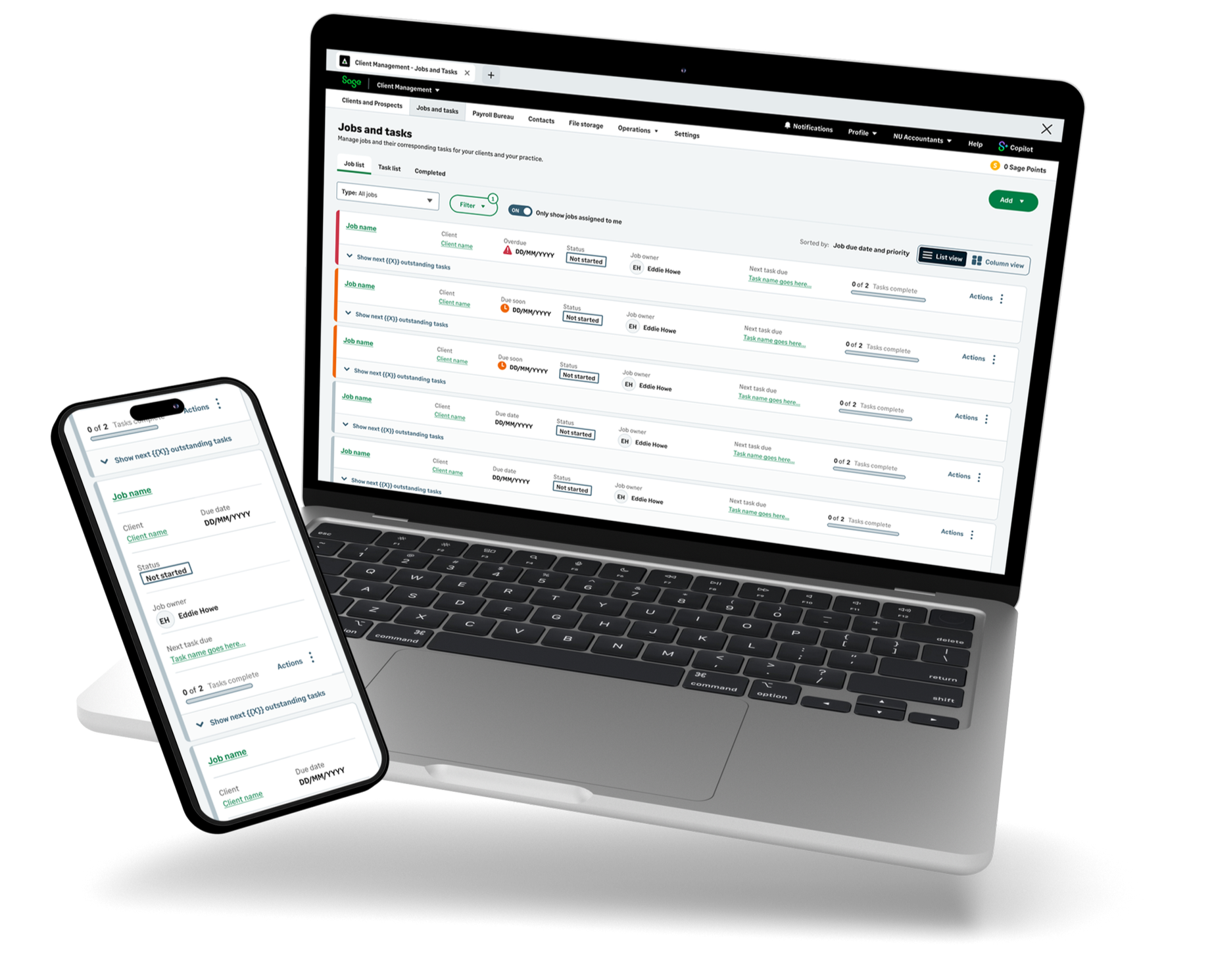 A laptop and smartphone displaying a client management software interface with tasks and jobs management features.