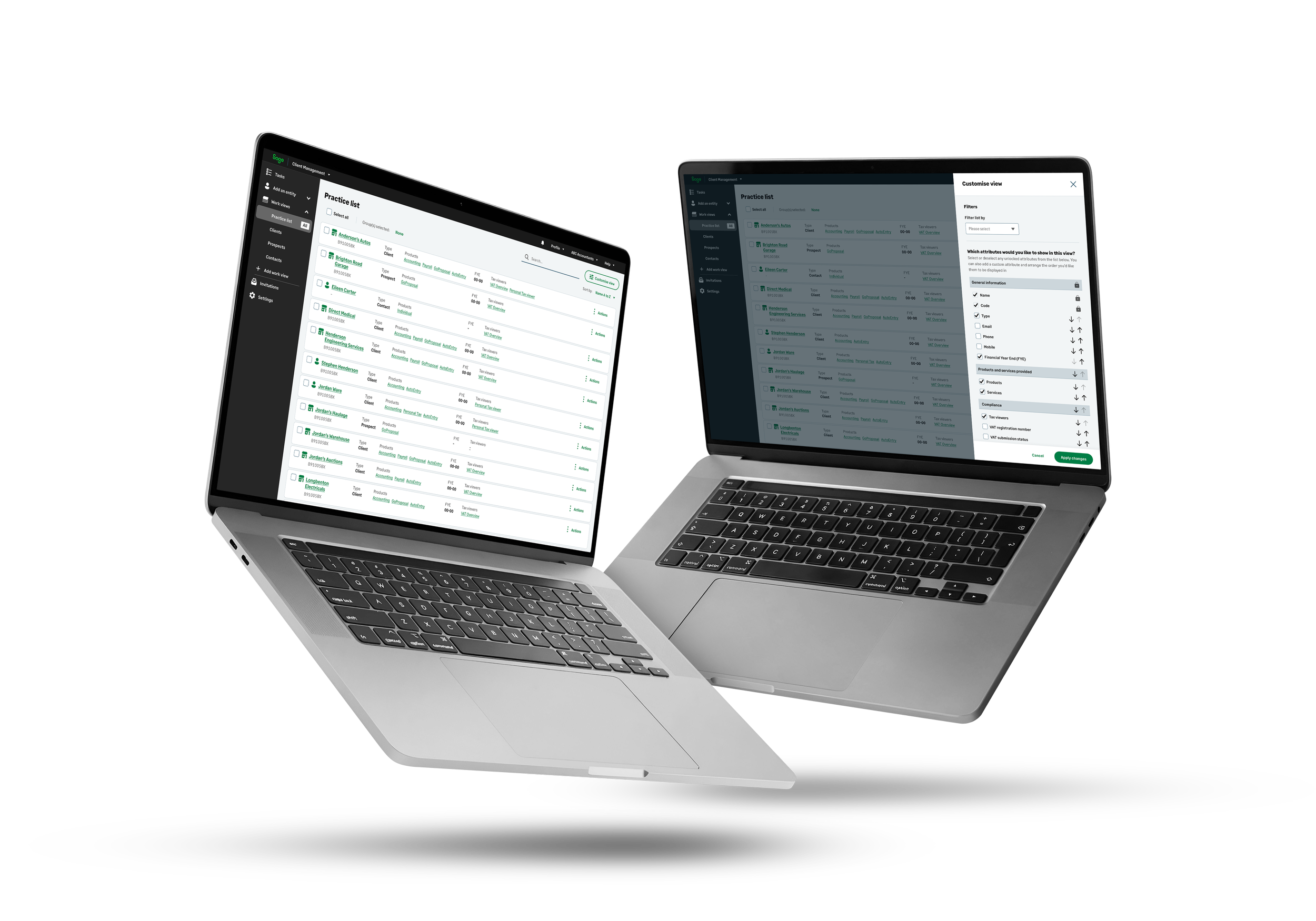 Two silver laptops with black keyboards, displaying spreadsheets or data management software on their screens, with one screen showing a list of practice items and the other a filtered view of the list.
