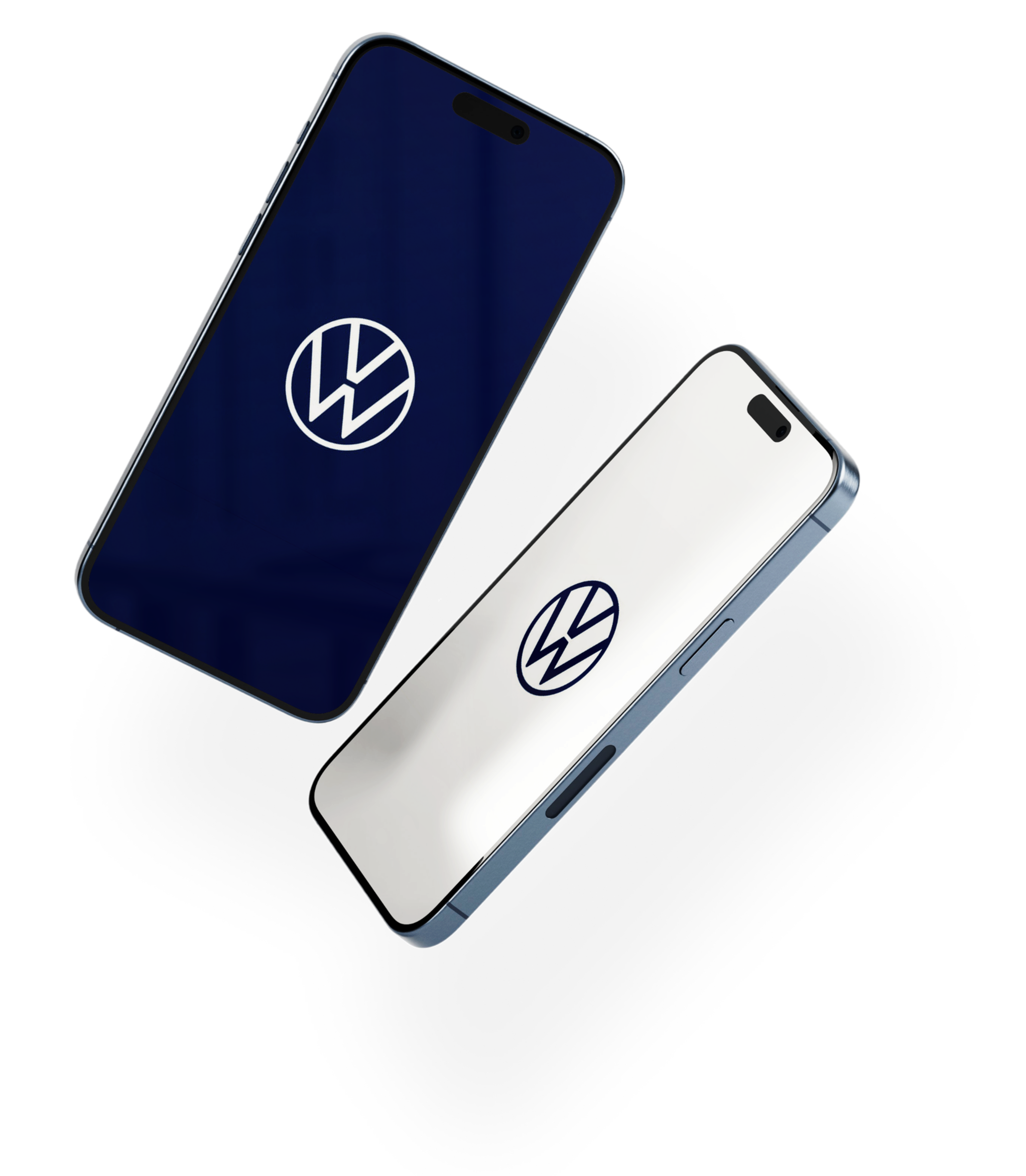 Two smartphones displaying the Volkswagen logo on their screens, one black and one white, against a black background.