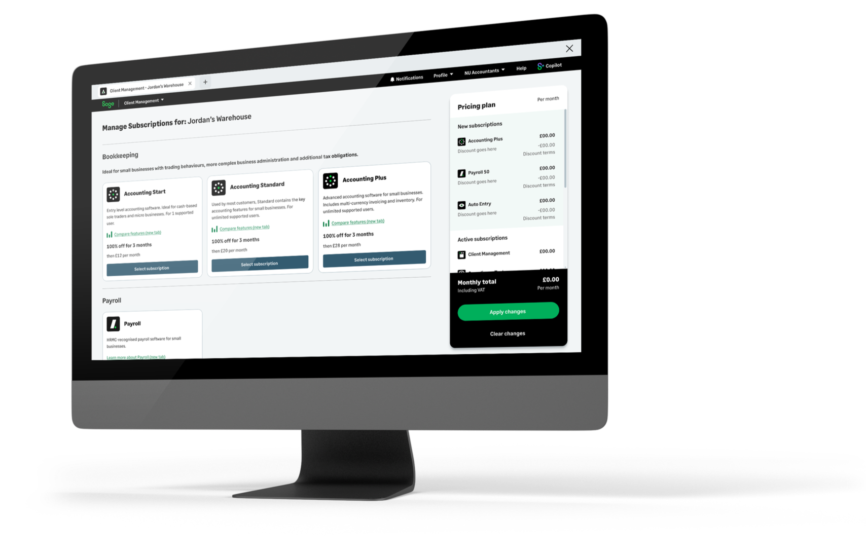 Computer monitor displaying a client management software interface with subscription options for Jordan's Warehouse, including bookkeeping and payroll services, and a sidebar with pricing plans and a green 'Apply changes' button.