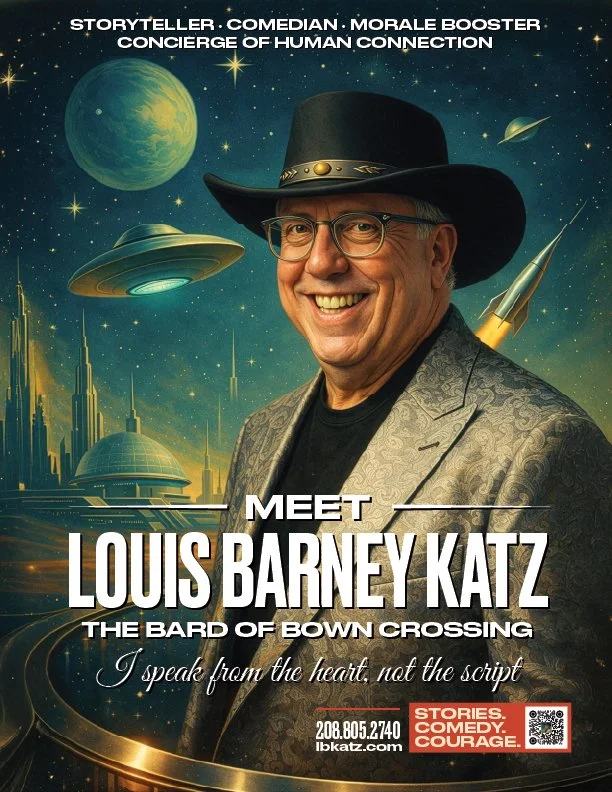 A promotional poster featuring Louis Barney Katz, smiling, wearing a cowboy hat and glasses, set against a cosmic background with planets, stars, and futuristic city elements. Text highlights his roles as storyteller, comedian, and morale booster for the play "The Bard of Bown Crossing," with contact information and slogan "I speak from the heart, not the script."