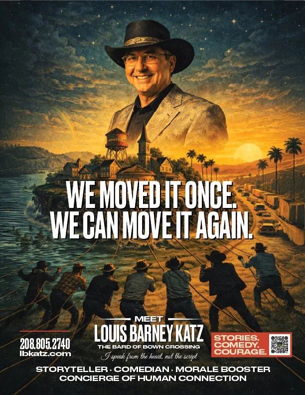 Promotional poster featuring a smiling man wearing a cowboy hat and glasses, with a painted background of a town, water tower, and sunset, and text about Louis Barney Katz, a storyteller and comedian.