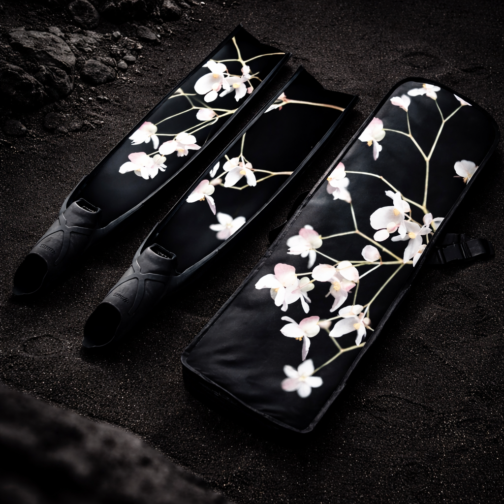 Delicate Beauty floral freediving fins in ocean water designed for performance and luxury