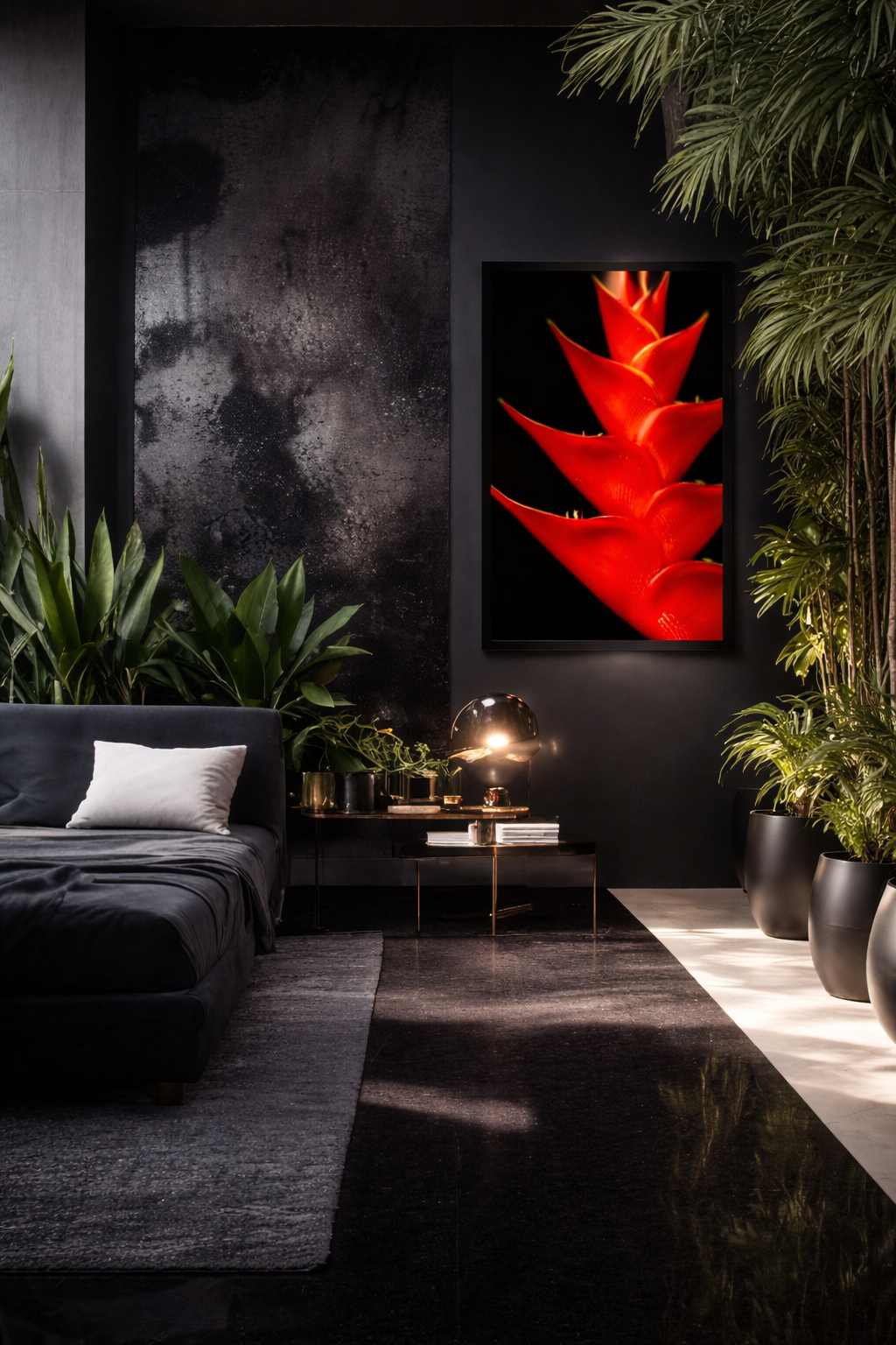 Moody bedroom with vibrant heliconia art.png