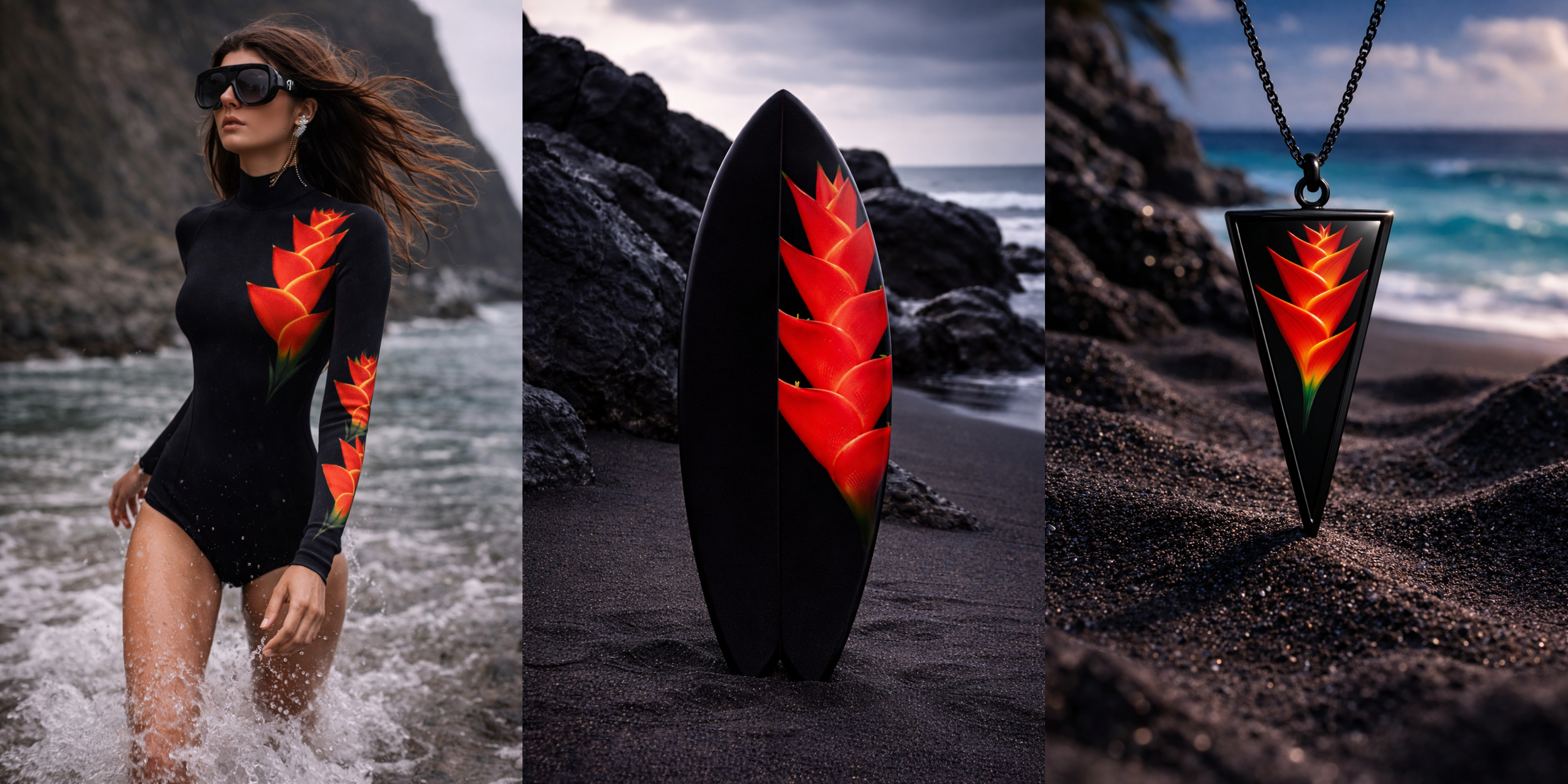 woman wearing luxury floral wetsuit standing in dark ocean water holding freediving fins