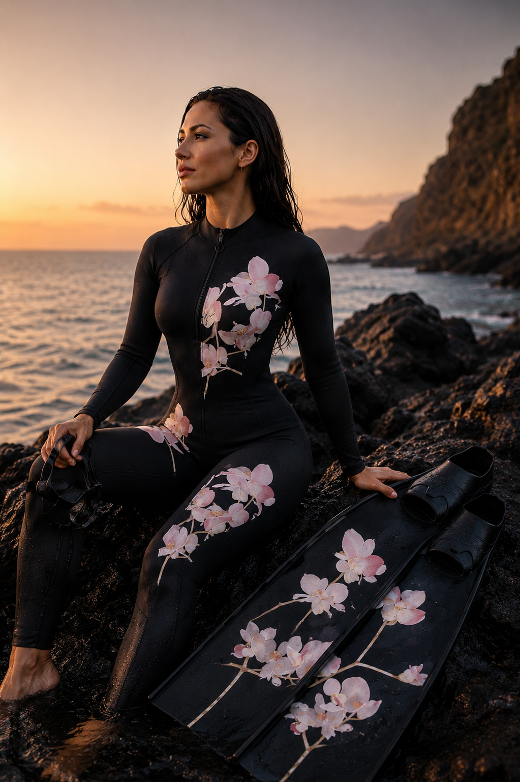 Luxury orchid wetsuit and floral freediving fins on volcanic rocks beside the ocean