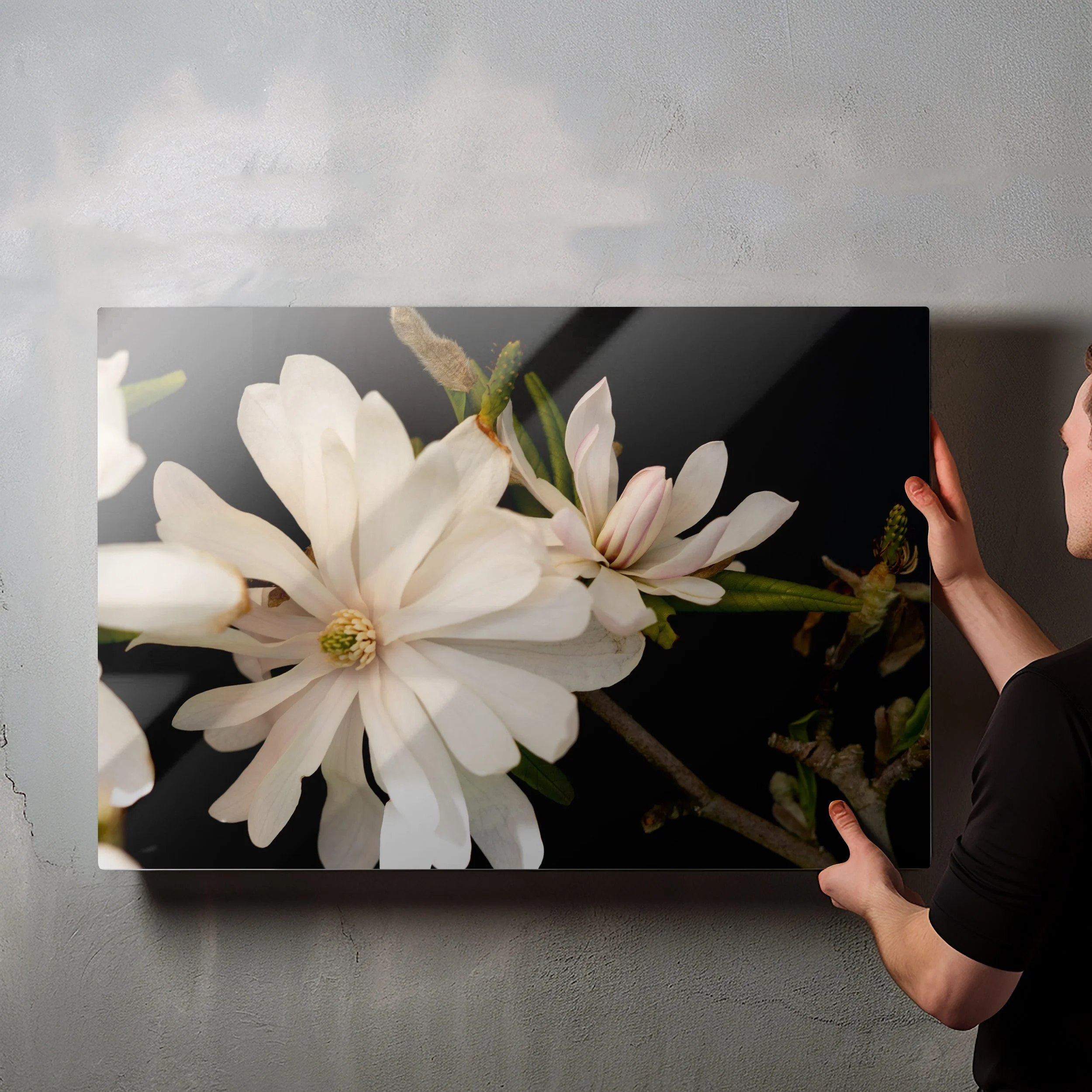 Moody modern interior with dark floral artwork and minimal decor